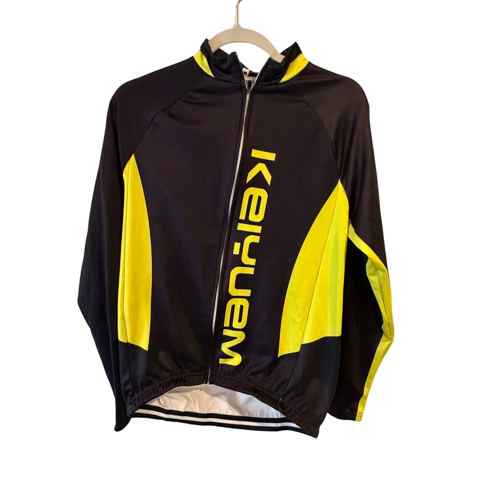 Keyuem Mens Cycling Jersey Long Sleeve Full Zip Black Neon Yellow Pockets Size M